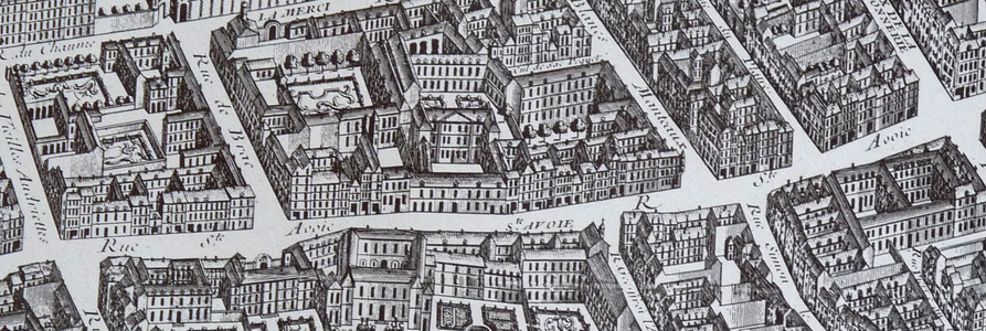 Rue Sainte-Avoie (ancien nom d'une partie de la rue du Temple) en 1739 (plan de Turgot, carte postale).