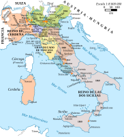 Territorios sucesivamente incorporados al Reino de Italia. En anaranjado pálido, el Reino de Piamonte-Cerdeña, fue el núcleo a partir del cual se incorporan los territorios austriacos (en verde) de Lombardía (1859) y Véneto (1866), el Reino de Nápoles (1860, en gris), los territorios de Italia central (1860, varios colores) y por último, los Estados Pontificios en torno a Roma (1870).