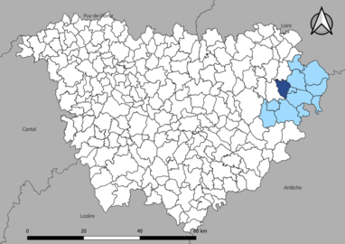 Carte représentant le commune et le canton dans le département de la Haute-Loire.