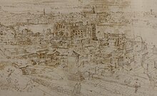 Gravure de la Renaissance montrant une ville située au bord d'une rivière, dominée par une cathédrale