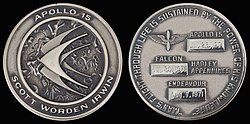 Apollo 15 mission emblem and crew names (front). Dates (launch, lunar landing, and return) and landing site (back)