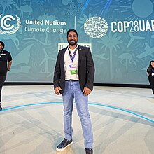 Ashan Perera at COP28 in Dubai, 2023 advocating for climate action