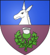 Blason de Cessieu - De gueule au chardon de sinople, au chef d'azur et à la teste d'âne brayant d'argent