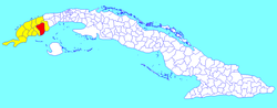 Consolación del Sur municipality (red) within Pinar del Río Province (yellow) and Cuba