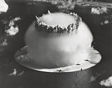 The water column from the 21-kiloton Crossroads Baker test, involving a nuclear underwater explosion, showing a prominent, spherical Wilson cloud.
