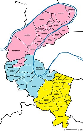 Les communes en rose situées dans la boucle de la Seine (donc excluant Neuilly-sur-Seine, Levallois-Perret et Clichy, à l'est) indiquent l'emplacement de la presqu’île.