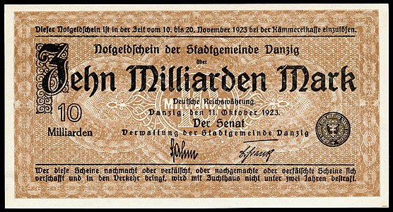 Ten-billion mark at German Papiermark, by the Free City of Danzig