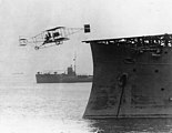 Eugene Burton Ely performing the first takeoff from a ship