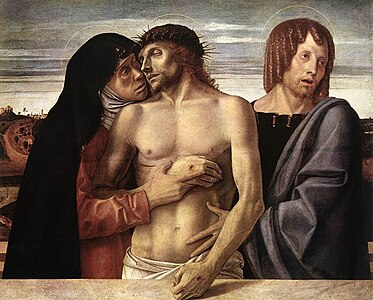 Giovanni Bellini, v. 1467. Pietà. Tempera sur bois, 86 × 107 cm, Pinacothèque de Brera.