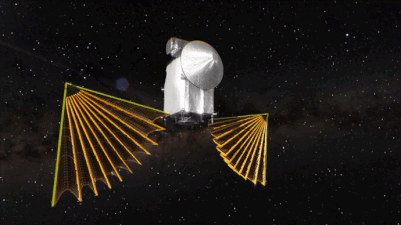 Lucy spacecraft solar arrays deploying and main engine burn