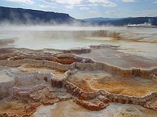 Photographie montrant des vasques calcaires desquels s'échappent de la vapeur.