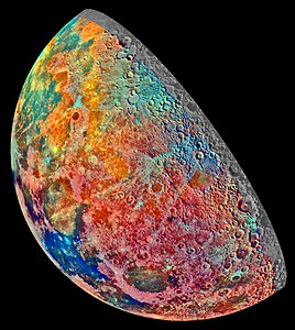 False colour mosaic of the Moon at Geology of the Moon, by NASA