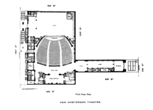 Black-and-white floor plan of the first story. At right, the entrance vestibule leads to the narrow lobby and the auditorium's entrance foyer. At left, from top to bottom, are the auditorium, promenade foyer, and general reception room.