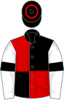 Black and red (quartered), white sleeves, black armlets, black cap, red hoop