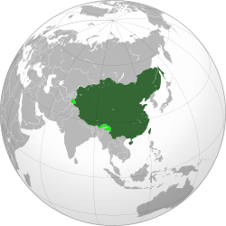 The Qing dynasty at its greatest extent in 1760, superimposed on a present-day world map. Claimed territory that was not under its control is shown in light green.