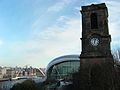 St Mary’s Church, Gateshead, now a museum, in front of the Glasshouse.