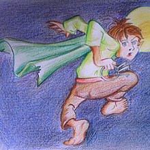 dessin en couleurs d'un personnage nu-pieds, vêtu d’une cape, semblant s'enfuir.