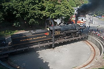 No. 734 being aligned on a Turntable in Frostburg, on September 5, 2010