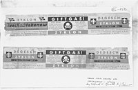Zyklon B used at Dachau concentration camp. "Poison Gas! Cyanide preparation to be opened and used only by trained personnel" is found at the center of both labels. They were shown at the Nuremberg Trials.