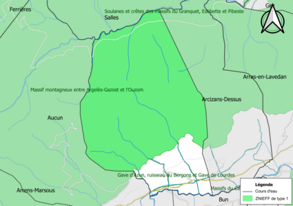 Carte des ZNIEFF de type 1 sur la commune.