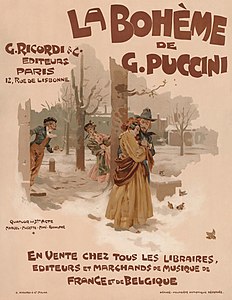 Advertisement for the music score of La bohème, by Adolfo Hohenstein (restored by Adam Cuerden)