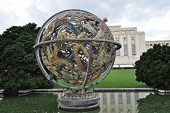 The Celestial Sphere Woodrow Wilson Memorial with the Assembly Hall in the background. Palais des Nations, Geneva, 2010.