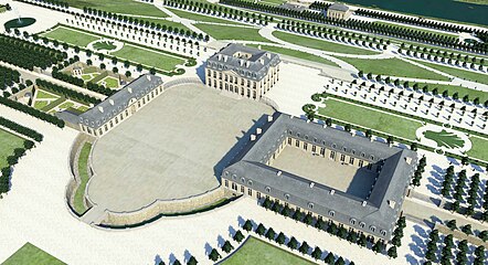 ポンパドゥール夫人時代1757年頃のベルビュー城 (fr) の復元3D (Restitution 3D du château de Bellevue vers 1757. État au temps de Mme de Pompadour. Franck Devedjian, 2012.)