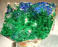 Brochantite on linarite. Locality: Mujuram, Morocco. Size 8 × 8 cm.