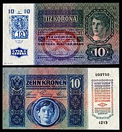 10 Korun (1919, using a 2 January 1915 note)