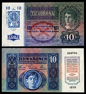 Ten Czechoslovak koruna at Banknotes of the Czechoslovak koruna (1919), by the Austro-Hungarian Bank and the First Czechoslovak Republic