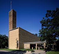 Church, tower, and cross