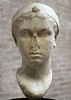 Bust of Cleopatra VII, mid-1st century BC, Vatican Museums, Gregorian Profane Museum, showing Cleopatra with a 'melon' hairstyle and Hellenistic royal diadem worn over her head[23][45][67]