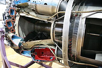 de Havilland Ghost engine. Turning vanes to reduce pressure losses can be seen in the 90 degree bends leading to the combustion chambers.