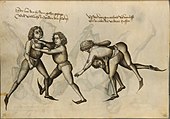 Wrestling in a fight book by Hans Talhoffer[57]