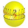 L'hémisphère du bas prêt à être recollé à l'hémisphère du haut. Ses vecteurs sont en rouge pour faciliter la lecture de la figure, et ils sont en continuité avec ceux de l'hémisphère du haut.