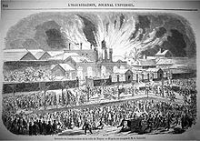 Gravure du journal l'illustration : l'incendie de la gare de Troyes en 1855