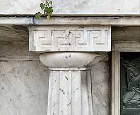 Neoclassical and Art Deco meander on a Doric column capital of the Vasile I. Prodanof family tomb, Bellu Cemetery, Bucharest, unknown architect, c. 1930
