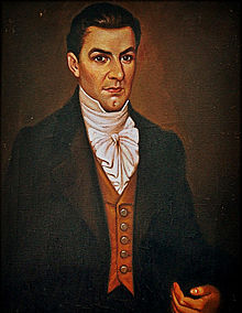 An oil painting of a standing man (Manuel José Arce) in 19th-century formal attire