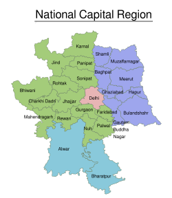 Map of the National Capital Region, showing the union territory of Delhi (red) and states and the boundaries of their districts. The states shown are: Haryana (green), Rajasthan (blue), and Uttar Pradesh (purple).