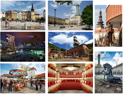 From top – Left: Masaryk Square, Colours of Ostrava, An amusement park in Silesian Ostrava Castle Middle: Ostrava New City Hall, Landek Park Mining Museum, Antonín Dvořák Theatre Right: Ostrava Puppet Theatre, Tribute to Mining statue