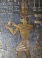 Taharqa making dedications to Egyptian Gods, in the Temple of Mut, Jebel Barkal, Sudan. His name appears in the second cartouche: 𓇿𓉔𓃭𓈎 (tꜣ-h-rw-k, "Taharqa").