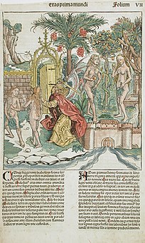 A 1493 Nuremberg Chronicle article, with an illustration of Adam and Eve stealing the forbidden fruit on top of the page, dominating it.