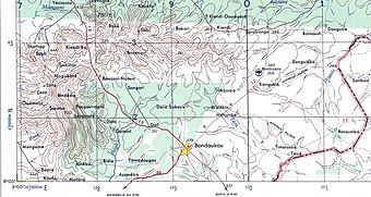 Region around Bondoukou town, showing international border in red, c. 1957.