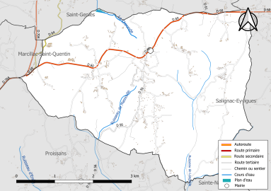 Carte en couleur présentant le réseau hydrographique de la commune