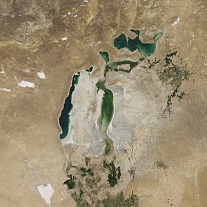 Aral Sea from space, August 2017. Part of the eastern basin was reflooded from heavy snowmelt in 2015.