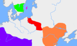 Die ungefähre Ausbildung der Chernjachov-Kultur im 3. Jahrhundert (orange) und der Wielbark-Kultur (rot).