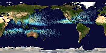 Trajet des cyclones tropicaux sur 20 ans (1985-2005). (définition réelle 8 000 × 4 000*)