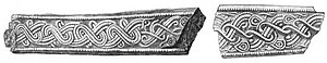 Black and white drawing of two iron fragments from the Vendel XIV grave