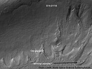 Gullies in a crater in Eridania quadrangle, north of the large crater Kepler. Also, features that may be remains of old glaciers are present. One, to the right, has the shape of a tongue. Picture taken under the MOC Public Targeting Program.