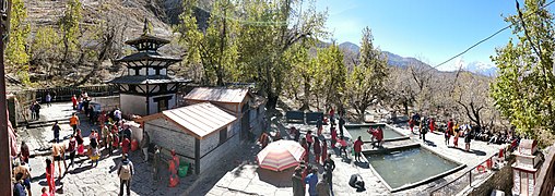 Muktinath Temple with 2 ponds (right) and 108 spouts (left)